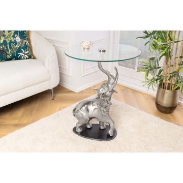 Ronde Bijzettafel Olifant 77cm Zilver Metaal Glas Marmeren sculptuur handgemaakt - 43557