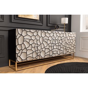 Massief Mangohout Dressoir Vulcano 180cm Wit 3D-Design Metalen Frame Zwart - 44646