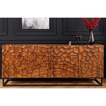 Massief MangoHout Dressoir Vulcano 180cm Bruin 3D Design Metalen Frame Zwart - 44651