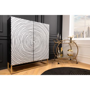 Massief Houten Kast Zen Circles 120cm Wit/Zwart Mangohout 3D-Design met Gouden Metalen frame - 44492