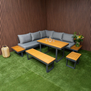 Loungeset Olympia Diningset Family Tuinset 5-delig Aluminium/Hout Hoekbank - 351311