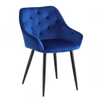 Moderne Eetkamerstoel K487 Blauw Fluweel Metaal Frame Met Armleuningen