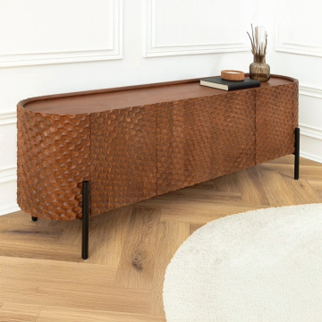 Massief Houten Dressoir Adlon 180cm Bruin Mangohout Zwart Metaal 3D Front in Honingraatstructuur - 47148