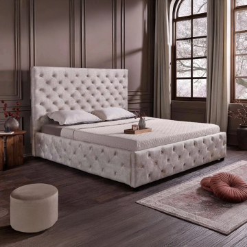 Modern Bed Paris 160x200cm Grijs Champagnebeige Fluweel met Opbergruimte Chesterfield Design - 48075