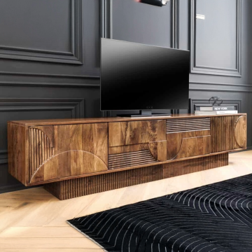 Massief Art Deco TV-Meubel, 200cm Bruin Mangohout 3D Front Handgemaakt Laag Paneel - 46805
