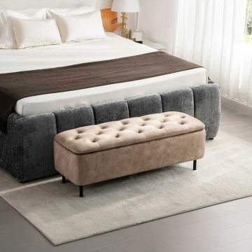 Extravagante Gestoffeerde Bank en Vogue 120cm Beige Fluweel met Opbergruimte Zwarte Metalen Poten - 47656