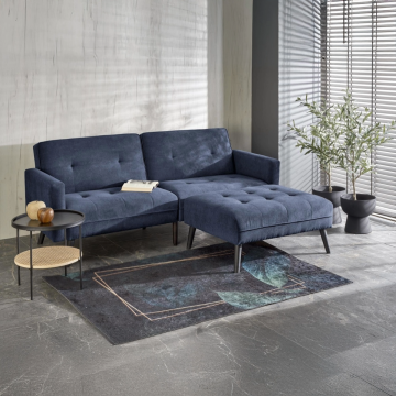 Moderne Slaapbank Cornelius Blauw Stof Inclusief Hocker