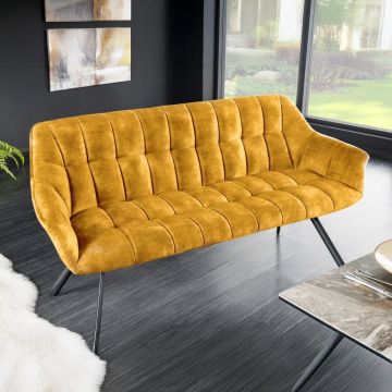 Eetkamerbank Mosterdgeel Fluweel Met Rugleuningen Pappillon 165cm Zwart Metalen Frame - 44527