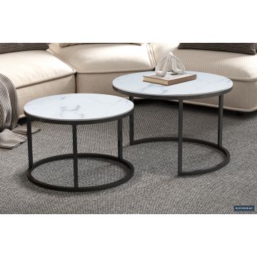 Salontafel 2-delige set Boston Rond Wit 80x80cm Marmerlook - RD3055-4