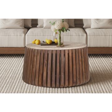 Salontafel Luuk 70cm Rond Mango Hout Met Beige Steen - RF3401