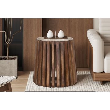 Bijzettafel Luuk 40cm Rond Mango Hout Met Steen - RF3402