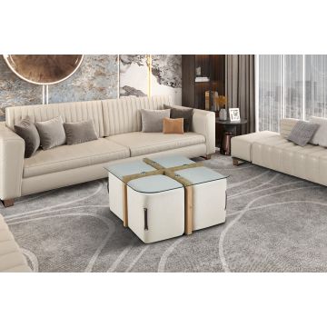 Salontafel Shana Met 4 Poefen Wit Stof Hout Frame - RD5101-1