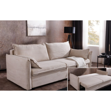 Slaapbank 3-zits Apartment Beige Ribstof 215cm met Bedkast en Kussens - 47132