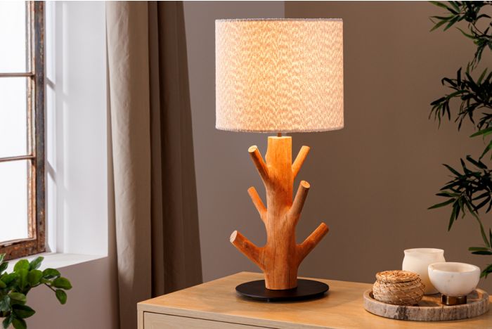 Massief Houten Tafellamp Jewelry Wit 60cm Mangostanhout met Bouclé Kap