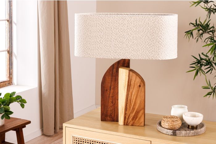 Massieve Tafellamp Lovers 60cm Regenboomhout met Witte Bouclé Kap