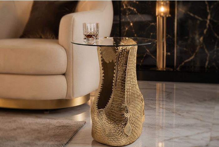 Design Bijzettafel Wildlife Crocodile Goud Ø46cm Glas met Krokodil Sculptuur