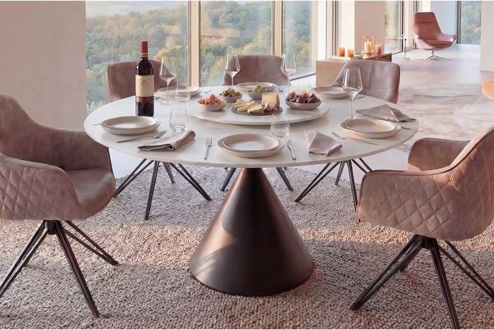 Ronde Eettafel Signature Wit Marmerlook Ø135cm Keramiek met Zwart Metalen Onderstel