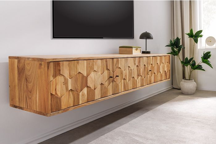 Massief Houten TV-meubel Mystic Living 160cm Acaciahout Hangend Lowboard met 3D-Oppervlak