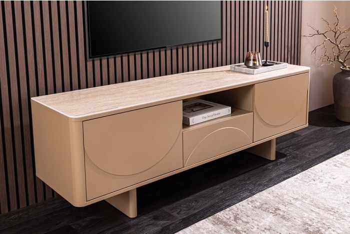 Design TV-meubel Savoy Grijsbeige Travertijnlook 150cm Keramiek met 3D-Front