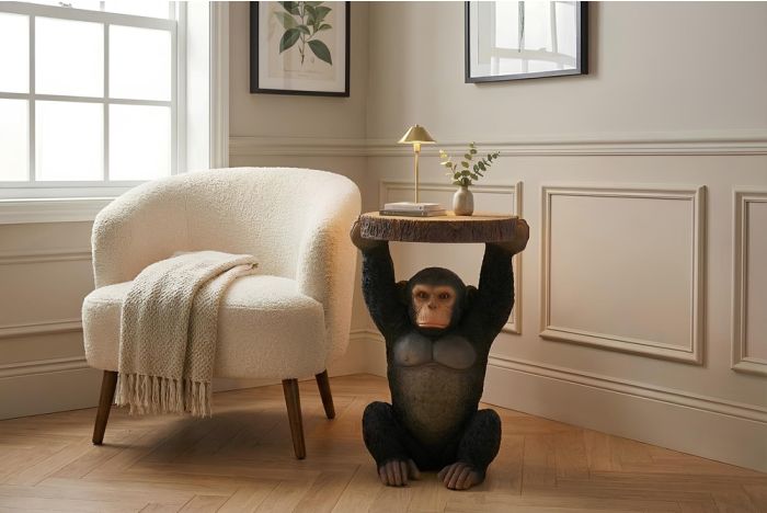 Ronde Bijzettafel Monkey Zwart met Apen-Sculptuur Onderstel