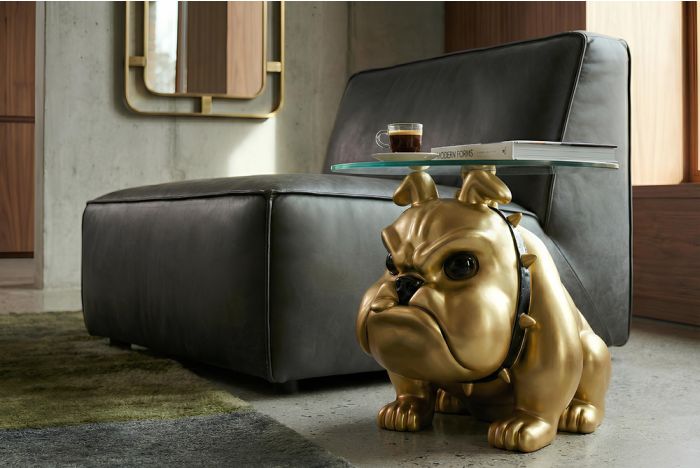 Extravagante Salontafel Bulldog Goud Ø55cm Glas met Hondenbeeld