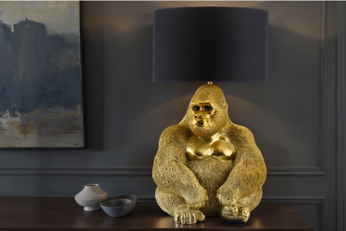 Handgemaakte Tafellamp King Ape Zwart-Goud 55cm Gorilla Beeld met Zwarte Stoffen Kap