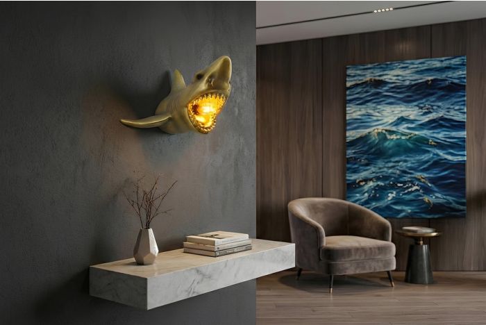 Moderne Wandlamp Shark Goud 40cm met Haai-Sculptuur
