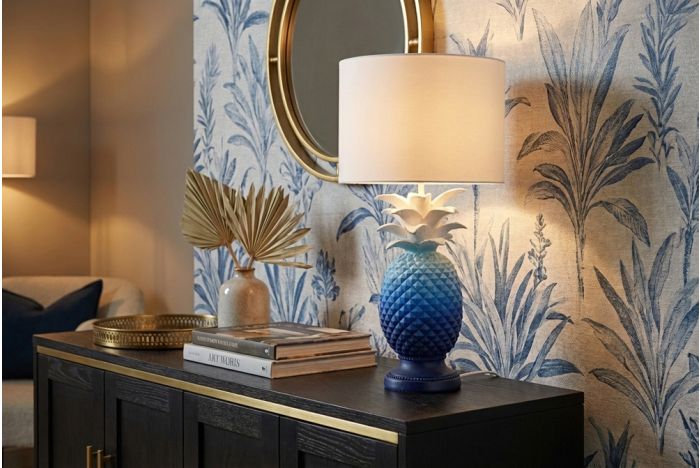 Handgemaakte Tafellamp Pineapple Blauw Wit met Ananas-Design