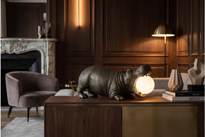 Handgemaakte Tafellamp HIPPO Zwart 45cm Nijlpaard Sculptuur met Lampenbol