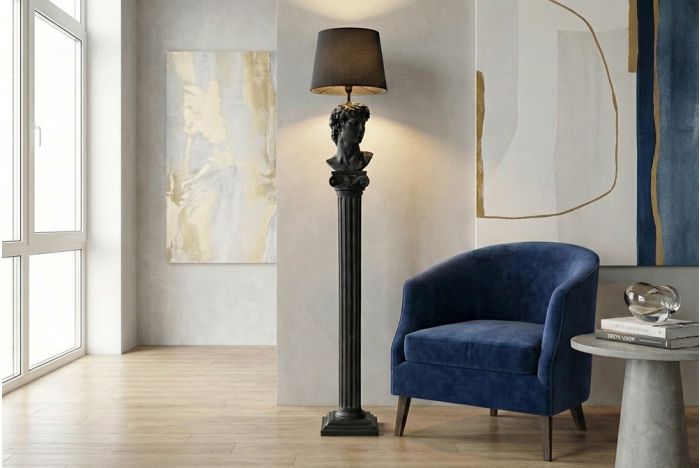 Handgemaakte Vloerlamp David 120cm Zwart met Buste En Stoffen Kap