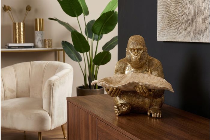 Decoratief Beeld Gorilla Goud Beige 40cm met Blad-Schaal