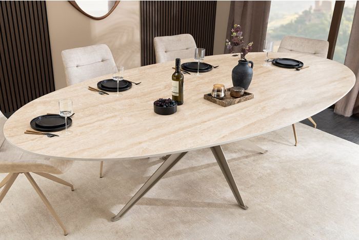 Ovale Eettafel Travertin Champagne Greige 220cm Keramiek