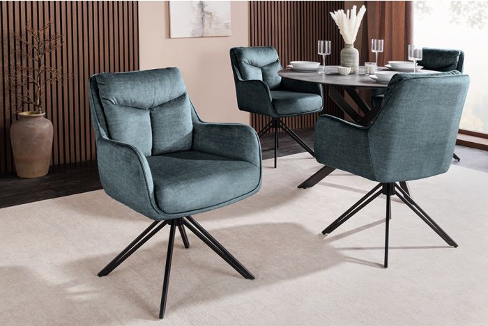 Draaibare Fauteuil Prometheus Petrolblauw Fluweel met Zwarte Metalen Poten